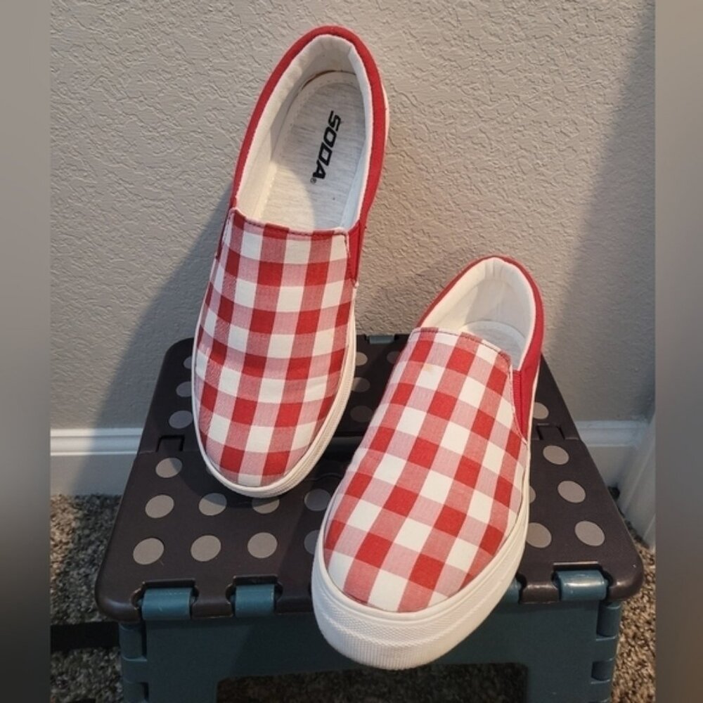 Soda Red and White Plaid Slip Sneakers